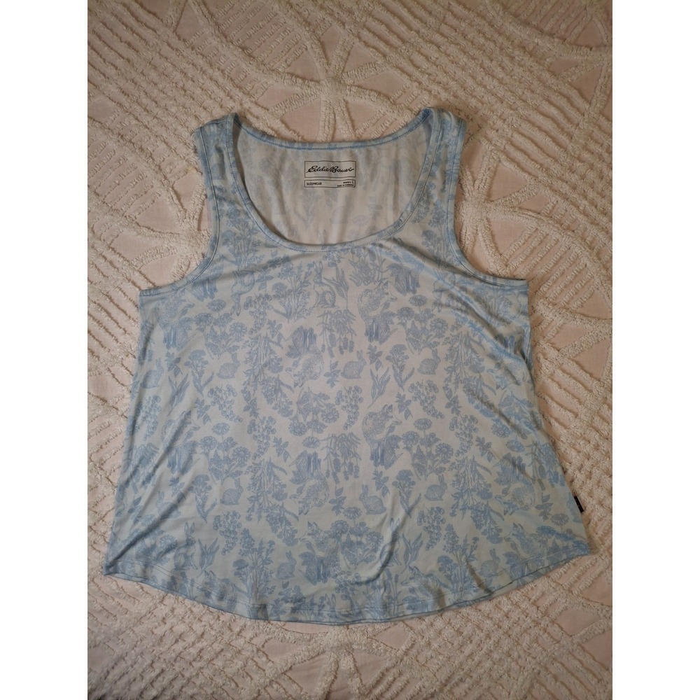 Eddie Bauer Womens Large Sleep Tank Top Blue Botanical Rabbit Squirrel Print
